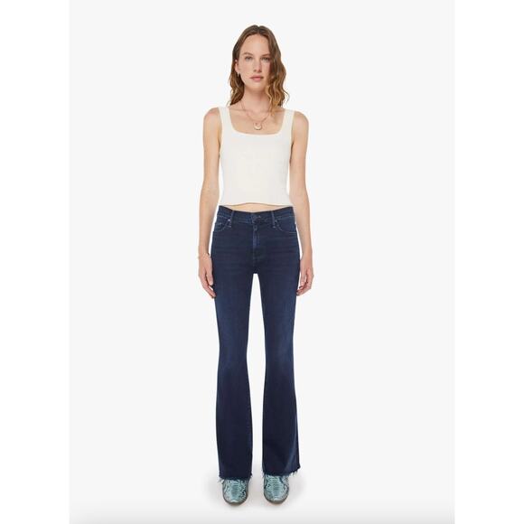 Mother The Weekender Fray Flare Jeans Chip On My Shoulder Dark Blue Size 30 NEW - Picture 1 of 13
